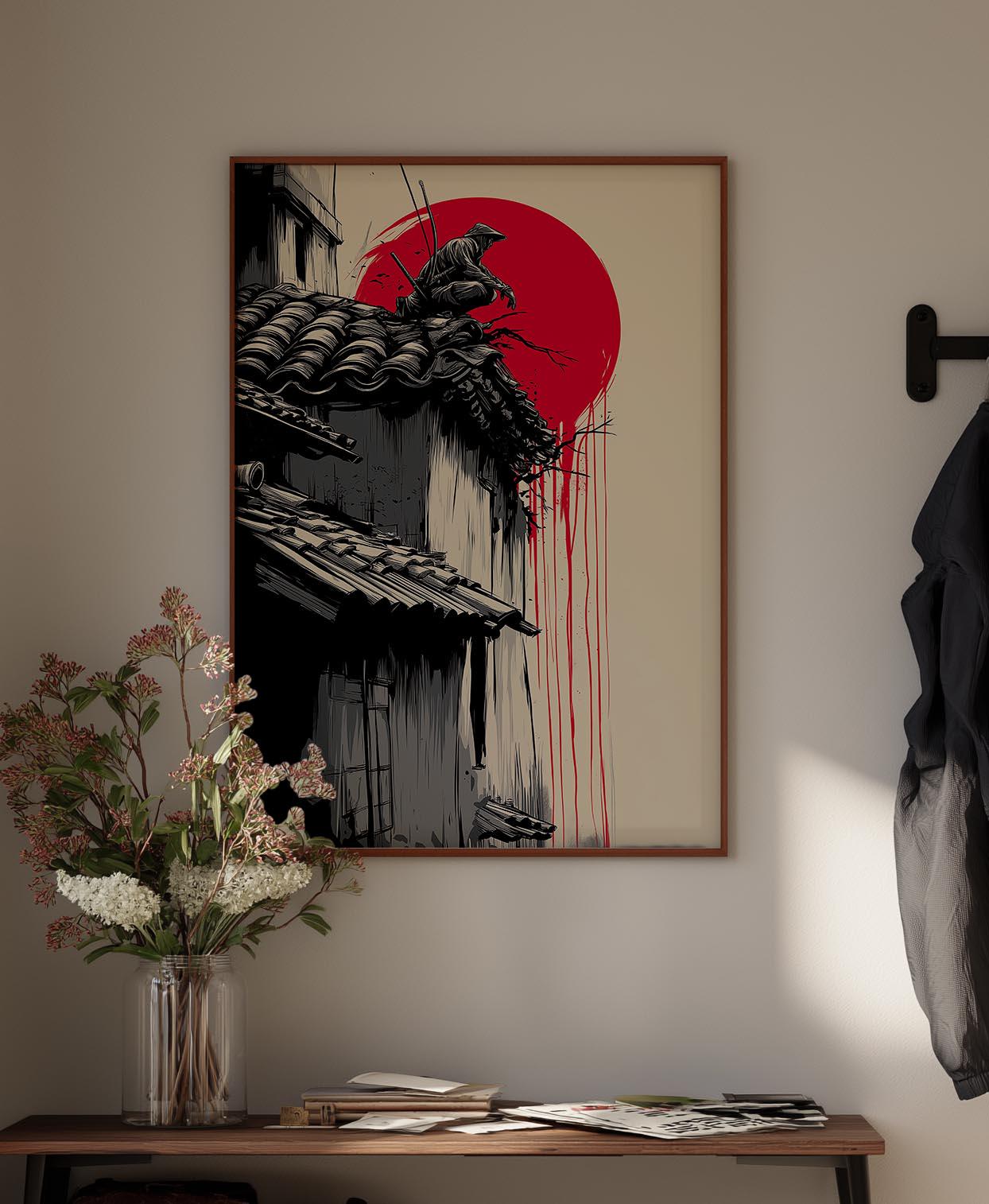Rooftop Ninja Art Print - Japanese Red Sun Poster, Stealth Warrior
