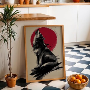 Wolf Red Sun Art Print, Japan Nature Poster, Dramatic Ink Illustration