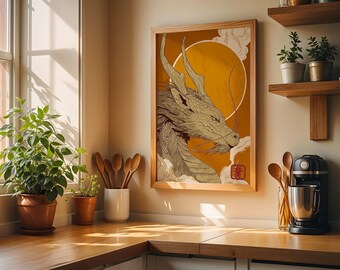 Traditionell japansk drakeväggkonst med varm soluppgång och klassisk stil