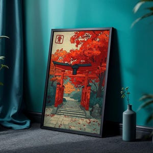 Autumn Torii Gate Art Print, Japanese Shrine Path Poster, Red Maple Wall Decor image 9