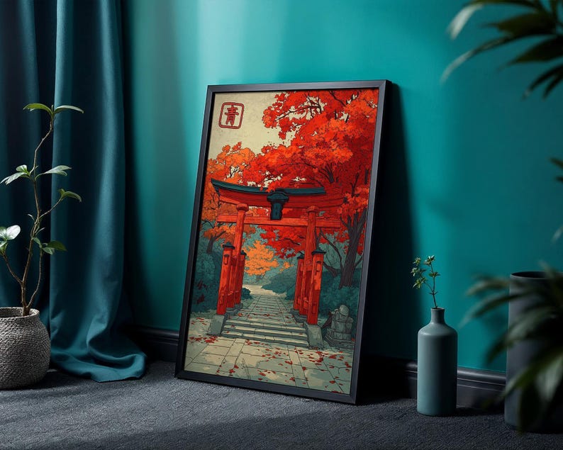 Autumn Torii Gate Art Print, Japanese Shrine Path Poster, Red Maple Wall Decor image 9