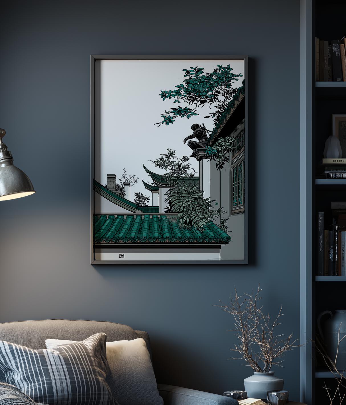 Hidden Ninja Art Print - Green Roof Temple Poster - Stealth Japan