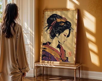 Elegant Geisha Profile Wall Art Print - Vintage Texture Traditional Japanese Oriental Asian Home Decor Gallery Zen Style