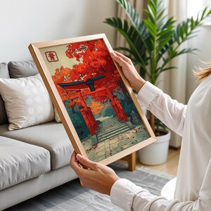 Autumn Torii Gate Art Print, Japanese Shrine Path Poster, Red Maple Wall Decor image 6