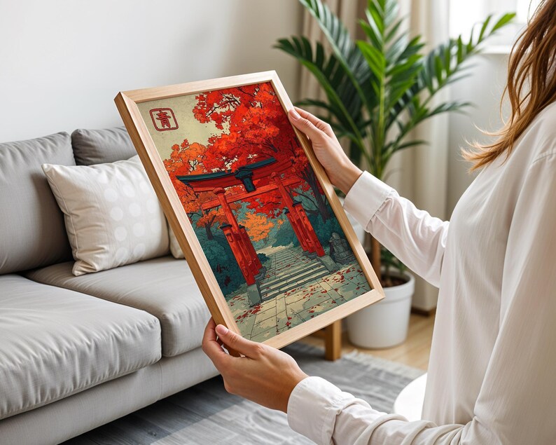 Autumn Torii Gate Art Print, Japanese Shrine Path Poster, Red Maple Wall Decor image 6