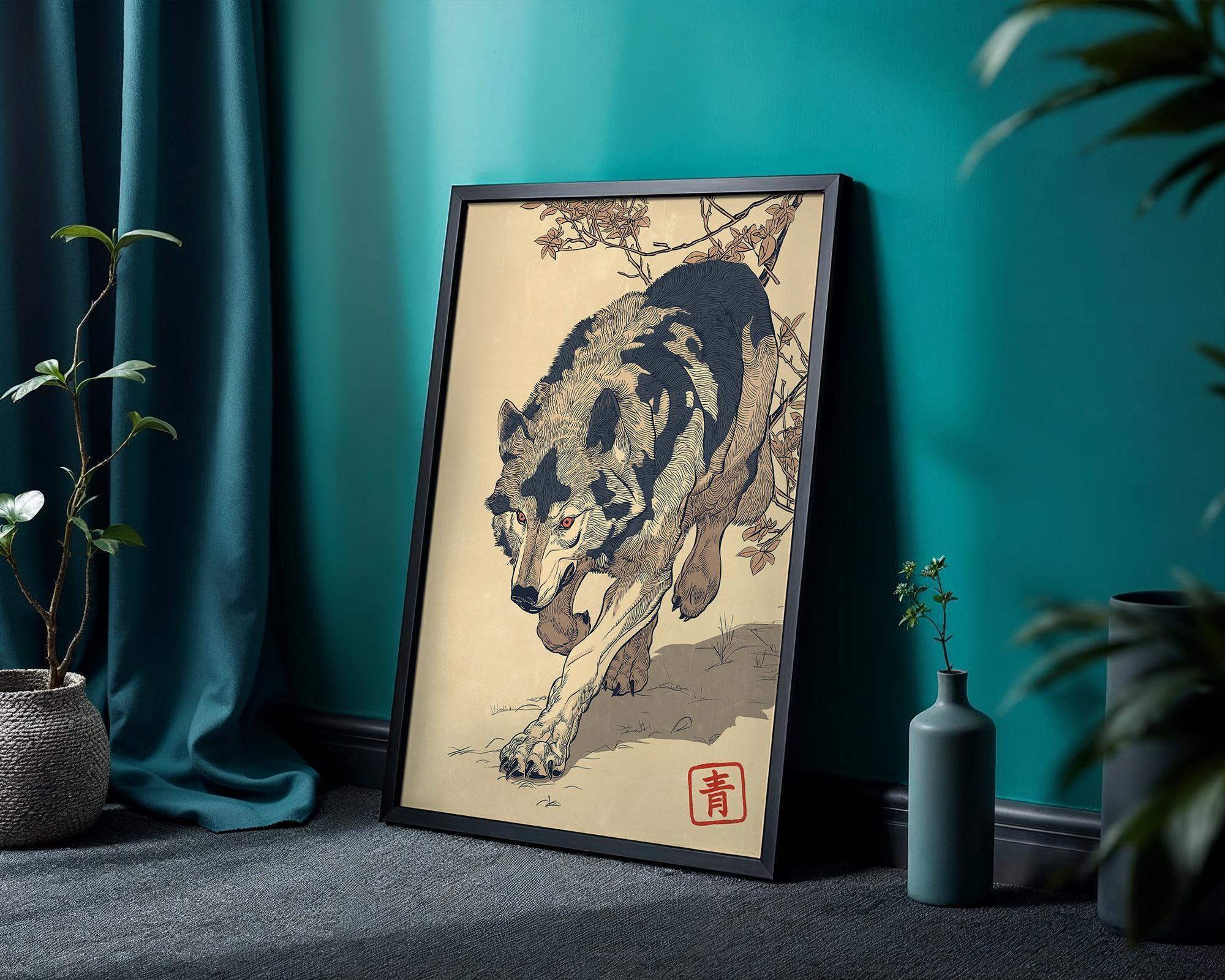 Stalking Wolf Japanese Art Print, Wild Animal Edo Style