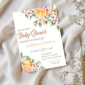 Pink Lemonade Baby Shower Editable Template Pink Flower Citrus Invitation Girl Summer Pink Lemon Baby Shower Digital Invite Floral Lemonade