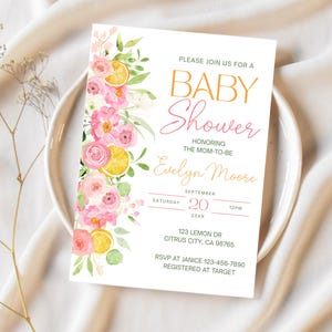 Pink Lemonade Baby Shower Editable Invite Pink Flower Citrus Baby Shower Invitation Pink Lemon Floral Girl Summer Baby Shower Digital Invite