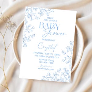 Blue Toile De Jouy Baby Shower Invitation Editable Blue Floral Baby Shower Invite Elegant Blue Flowers Invitation Digital Template