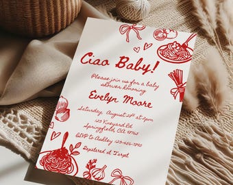 Pâtes italiennes d'invitation de baby shower, invitation de baby shower de pâtes modifiables, invitation de thème de bébé de Ciao de baby shower, pâtes dessinées à la main imprimables