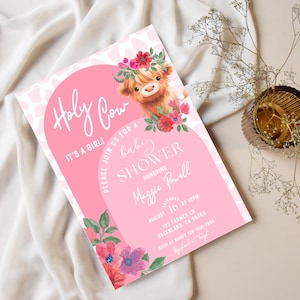 Convite para chá de bebê Holy Cow para meninas, convite para chá de bebê com flores rosa para meninas, modelo editável para impressão, convite digital para chá de bebê Holy Cow