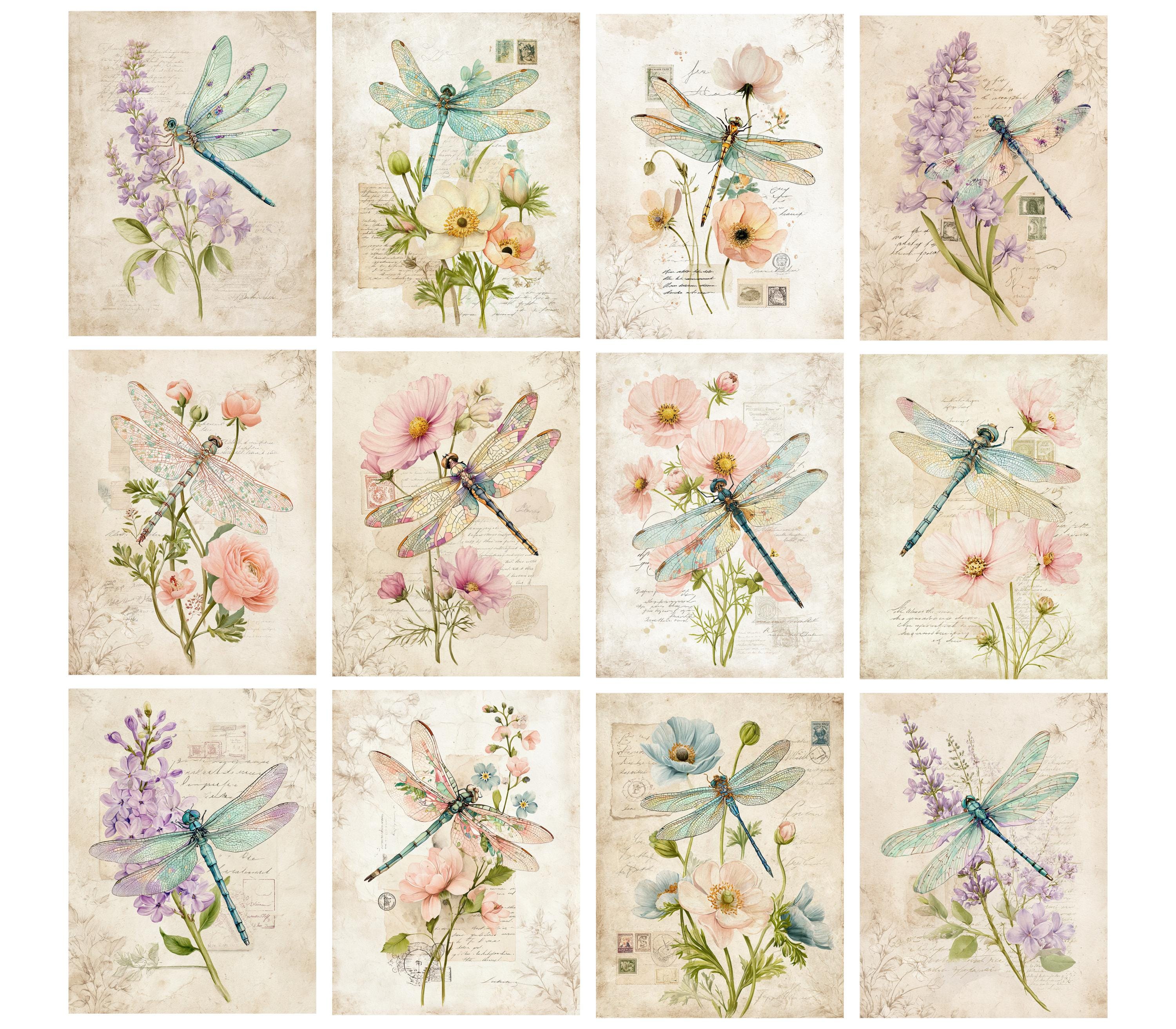 Vintage Dragonfly Junk Journal Pages Printable Pastel Floral Ephemera ...