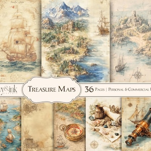 May include: A collection of vintage-style treasure maps with illustrations of sailing ships, islands, and mountains. The maps are in shades of beige, brown, and blue, with the text "Treasure Maps" and "36 Pages" visible.