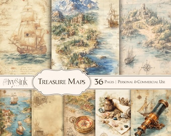 Vintage Treasure Map Digital Paper Pack Antique World Map Junk Journal Pages Printable Travel Ephemera