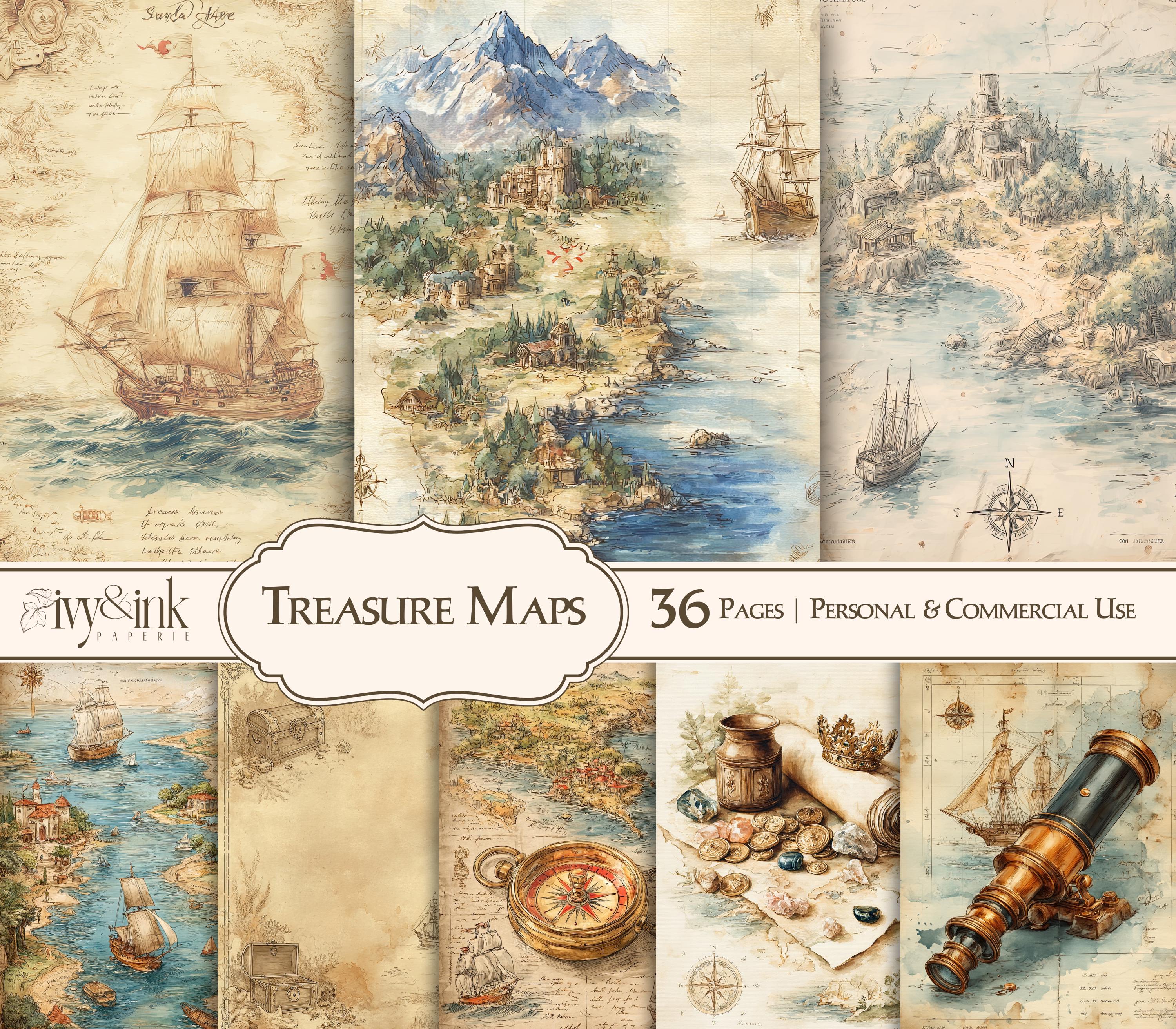 Vintage Treasure Map Digital Paper Pack Antique World Map Junk Journal ...