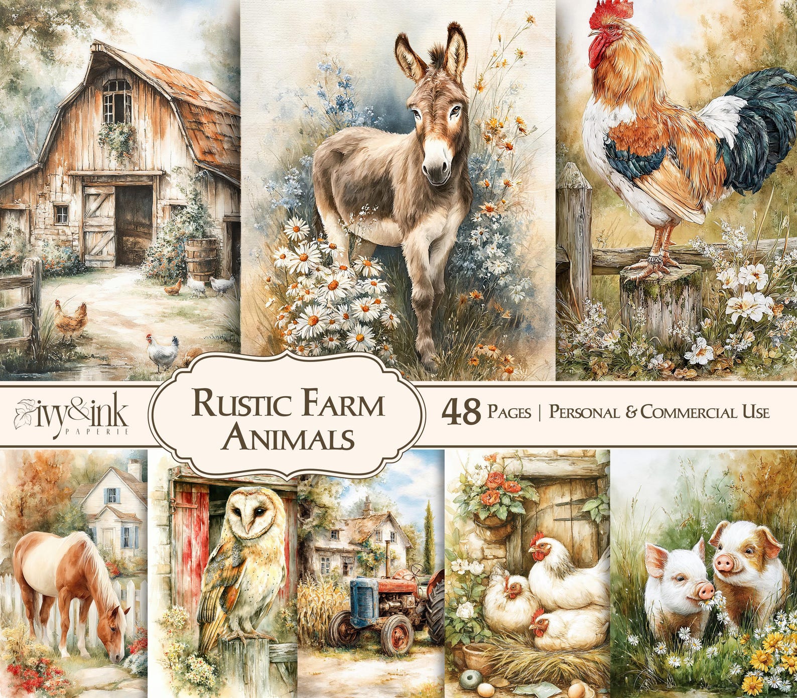 Rustic Farm Animals Junk Journal Pages Printable Country Farm Ephemera ...