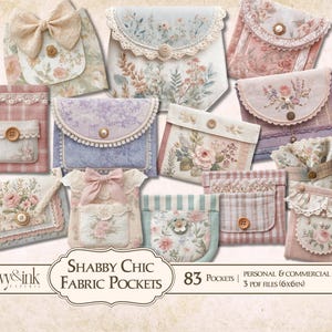 Puede incluir: Una colección de bolsillos de tela con estampados florales, diseños de cuadros, encaje y cierres de botones. El texto dice: Ivy & Ink, Shabby Chic Fabric Pockets, 83 Pockets, Personal & Commercial Use, 3 PDF files (15x15cm).