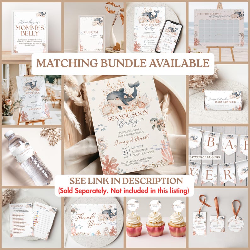 K&ouml;nnte beinhalten: Eine Sammlung von Babyparty-Papeterie mit Meeresmotiven. Enth&auml;lt Einladungen, Schilder, Banner, Cupcake-Topper und Dankeskarten. Das Design zeigt einen Wal, Korallen und den Text "Sea You Soon Baby".
