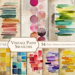 May include: A collection of vintage paint swatches in various colors, including pink, green, blue, and yellow. The image features brushstrokes and circular designs on a textured background. Text reads "Vintage Paint Swatches" and "54 Pages | Personal & Commercial Use."