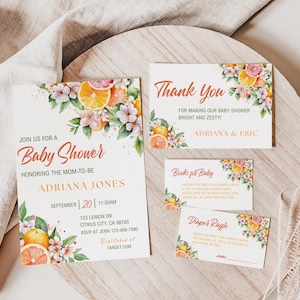 Editable Pink Lemonade Baby Shower Invitation Suite Pink Flower Citrus Baby Shower Invite Pink Lemon Floral Girl Baby Shower Invite Bundle