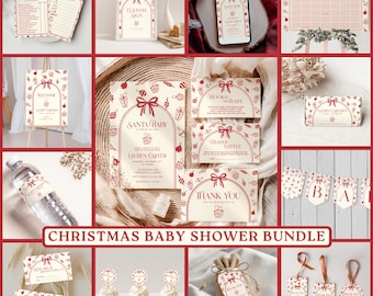 Könnte beinhalten: Eine Sammlung von Weihnachts-Babyparty-Dekorationen und -Spielen. Enthält Einladungen, Schilder, Cupcake-Topper, Anhänger und ein Banner. Die Designs zeigen rote Schleifen und Geschenkillustrationen auf cremefarbenem Hintergrund. Der Text "Christmas Baby Shower Bundle" ist zu sehen.