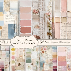 Peut inclure: Un collage de nuanciers de peinture pastel, de papiers et d'éléments floraux. L'image présente diverses nuances de rose, beige et bleu, avec une écriture manuscrite et des accents décoratifs. Le texte "Pastel Paint Swatch Collage" est visible.