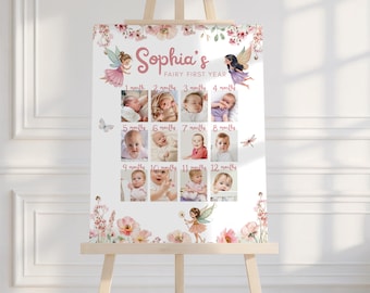 Tablero de fotos para el primer cumpleaños de una hada, póster fotográfico del primer año del bebé con temática de hadas, letrero para el primer cumpleaños, letrero para el primer cumpleaños de una hada