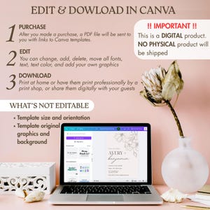 K&ouml;nnte beinhalten: Ein Laptop mit einer Hochzeitseinladungsvorlage mit floralem Design, neben einer dekorativen wei&szlig;en Box und einer Vase mit einer getrockneten Blume. Auf dem Bildschirm steht "AVERY + BENJAMIN". Anweisungen zum Bearbeiten und Herunterladen sind ebenfalls abgebildet.