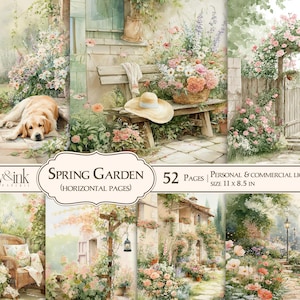 Op de afbeelding: Digitaal papierpakket met aquarel met de titel "Spring Garden" met verschillende tuinscènes. De scènes omvatten een golden retriever, een bank met een hoed, een houten poort bedekt met rozen en een rotan stoel. Het pakket bevat 52 pagina's, formaat 27,9 x 21,6 cm.
