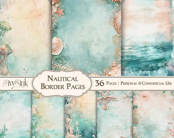 Bordi nautici, pagine per junk journal, sfondi costieri stampabili per scrapbooking, carta per collage con animali marini