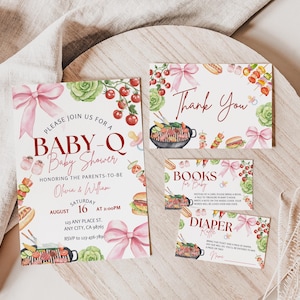 BabyQ and Bow Babypartyeinladungs-Paket, bearbeitbares Mädchen BBQ-Babyparty-Einladungsset, Hinterhof-Grillen-Thema-Babyparty-Digital-Einladungsset