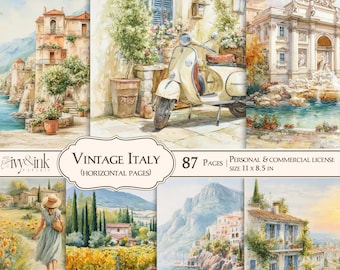 May include: A collection of watercolor illustrations with an Italian theme. The images include coastal scenes, a vintage scooter, and architectural details. The text on the image reads "VINTAGE ITALY" and "87 PAGES". The size is 11 x 8.5 inches.