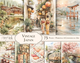 May include: A collection of watercolor illustrations with a vintage Japan theme. The images include traditional Japanese architecture, street scenes with lanterns, women in kimonos, sushi, and cherry blossoms. The text reads "Vintage Japan" and "73 Pages | Personal & Commercial Use."