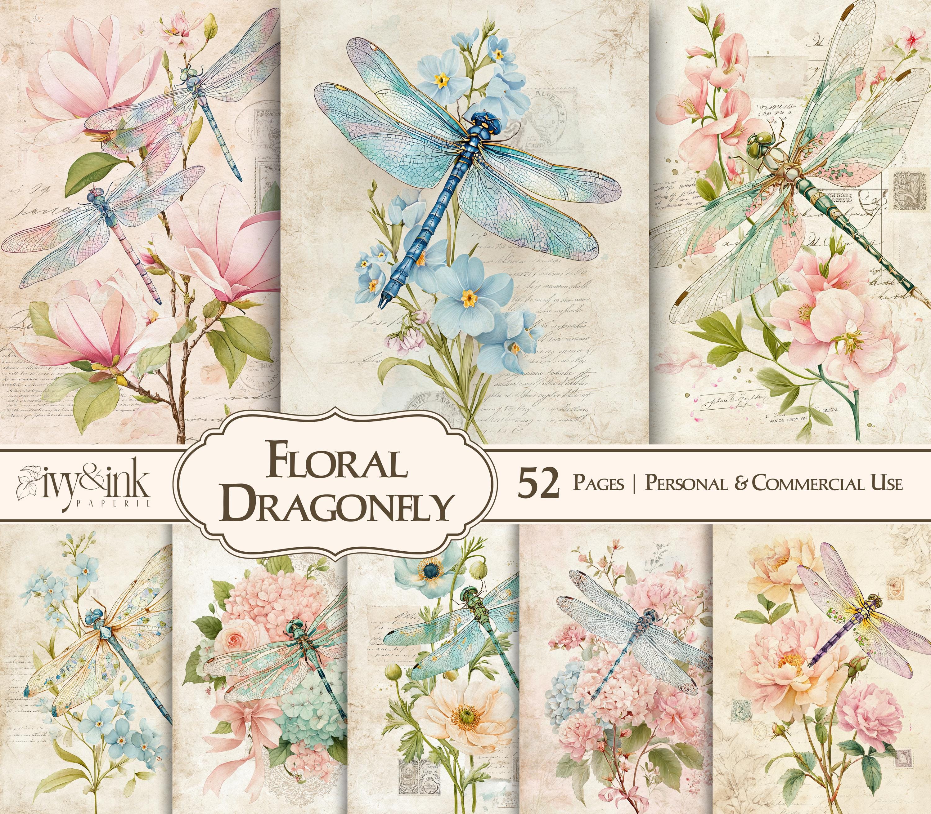 Vintage Dragonfly Junk Journal Pages Printable Pastel Floral Ephemera ...