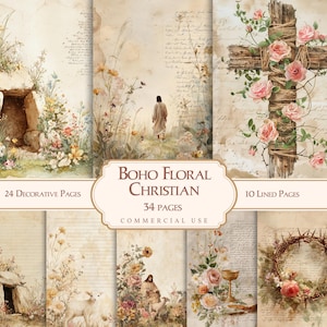 May include: A collection of decorative pages with a boho floral and Christian theme. The pages feature illustrations of a cross adorned with pink roses, a figure walking, and floral arrangements. The text "BOHO FLORAL CHRISTIAN" is displayed.