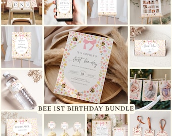 Bundel eerste verjaardag Bumble Bee, First Bee-Day thema verjaardagsfeestje pack, 1e verjaardag meisje Bee Bow uitnodiging digitale sjabloon