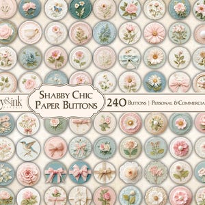 May include: A selection of 240 Shabby Chic paper buttons in pastel shades. Each button showcases a unique floral design, bow, or decorative detail. The round buttons have a vintage appearance, perfect for crafts.
