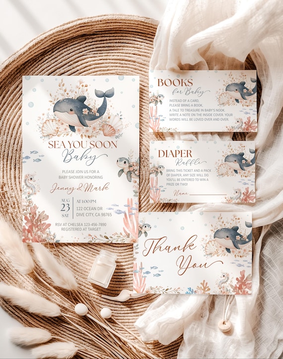 Sea You Soon Baby Shower Invite Suite, Editable Ocean Theme Digital Baby Shower Invitation, Under the Sea Baby Shower Set Sea Animal Invite