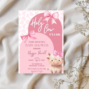 Convite para chá de bebê Holy Cow para meninas, convite para chá de bebê Holy Cow para meninas, modelo editável, convite para chá de bebê com laço rosa Holy Cow