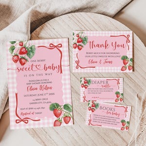 Bogen und Erdbeer-Babyparty-Einladungs-Bündel, rosa Mädchen-Babyparty-Einladungssatz, rote Beere Süßes Mädchen-Babyparty-Einladungssatz Bundle bedruckbar
