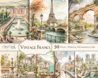 Może przedstawiać: Zbiór akwarelowych ilustracji przedstawiających sceny z Francji w stylu vintage. Obrazy przedstawiają wieżę Eiffla, mosty, fontanny i budynki. Tekst na obrazie brzmi "Vintage France" i "59 Pages | Personal & Commercial Use".