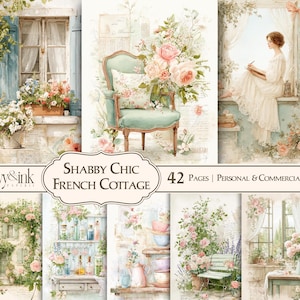 Può includere: Una collezione di stampe d'arte digitale con il tema Shabby Chic French Cottage. Le immagini presentano illustrazioni ad acquerello di composizioni floreali, mobili antichi ed elementi architettonici in morbidi colori pastello. Il testo sull'immagine recita "Shabby Chic French Cottage" e "42 Pages | Personal & Commercial Use."