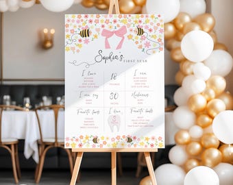 Bewerkbare Bumble Bee eerste verjaardag één jaar mijlpaal Board digitale sjabloon babymeisje 1e jaar poster Bee thema 1e verjaardag decor teken