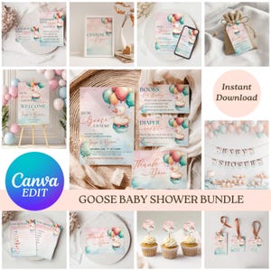 Goose Baby Shower Invitation Digital Template, Little Goose Baby Shower Decoration Bundle Editable Template, Baby Goose Shower Party Decor