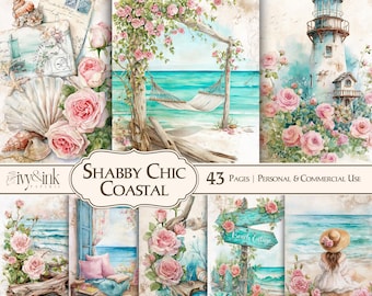 Coastal Shabby Chic Junk Journal Pages Printable Nautical Ocean Ephemera Vintage Rose Papers