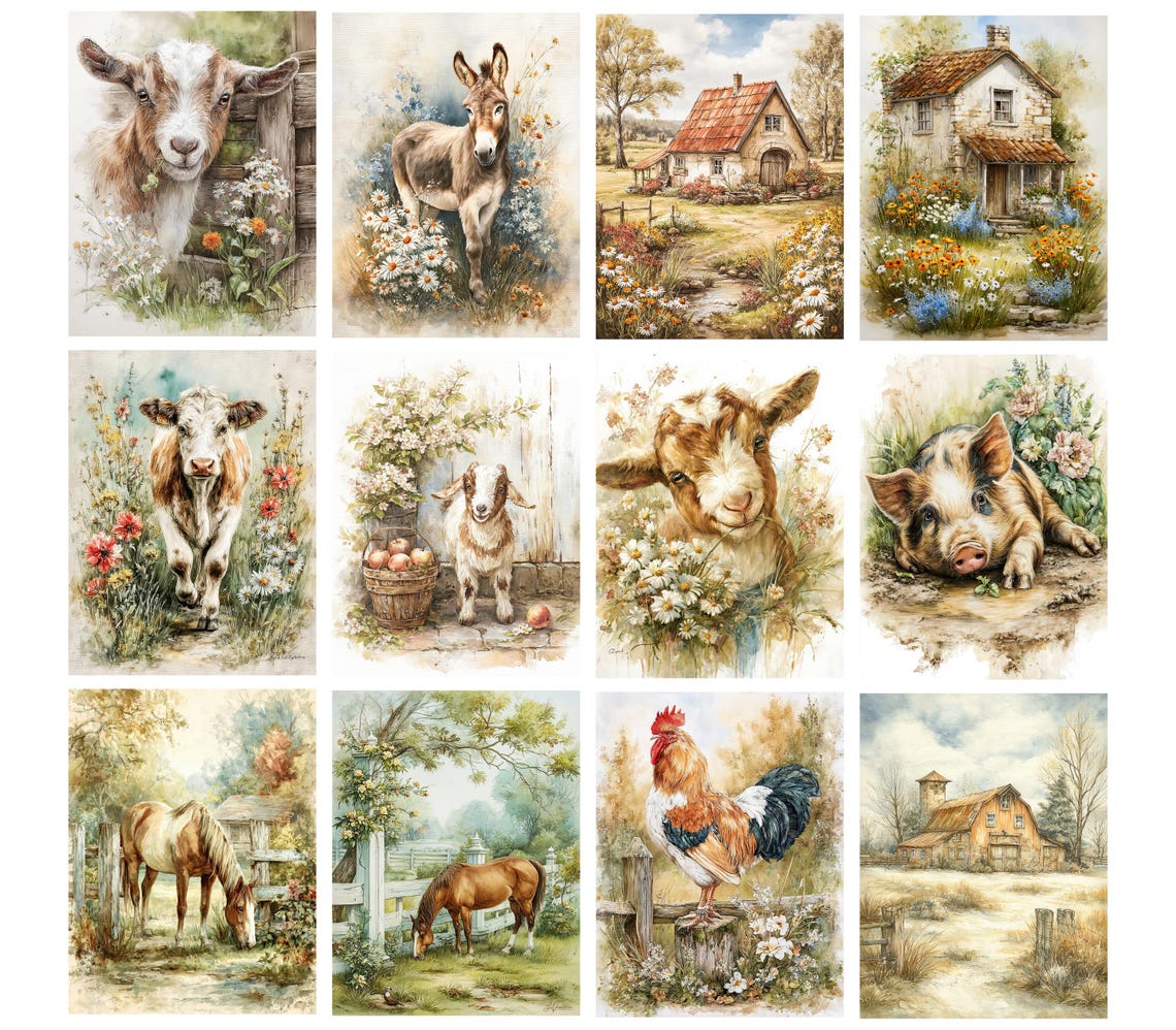 Rustic Farm Animals Junk Journal Pages Printable Country Farm Ephemera ...