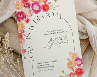 Love Is In Bloom Bridal Shower Invitation, Editable Flower Wedding Shower Invite, Romantic Garden Party Digital Template
