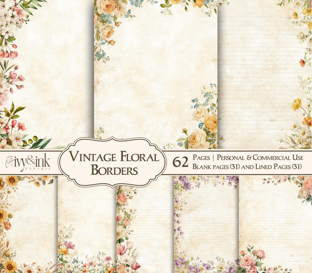 Vintage Floral Border Blank Junk Journal Pages Printable Lined Flowers ...