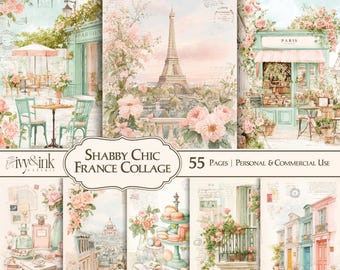 May include: A collage of watercolor illustrations with a French theme. The images include the Eiffel Tower, cafes, and floral arrangements. The text "Shabby Chic France Collage" and "55 Pages" are visible.