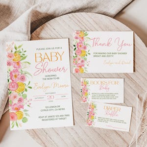 Pink Lemonade Baby Shower Editable Invitation Suite, Pink Citrus Girl Baby Shower Invitation set, Lemon Flower Baby Shower Invite Bundle